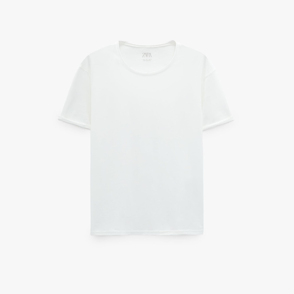 ZARA MAN White T-Shirt Cotton Rolled Up Sleeves Raw Neck M Medium